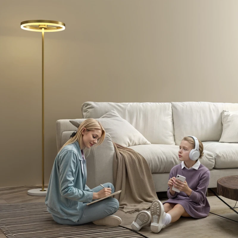 HOMCOM Lâmpada de pé, Interruptor de pé, Estrutura metálica, Abajur acrílico, 4000K, regulável, Dourada