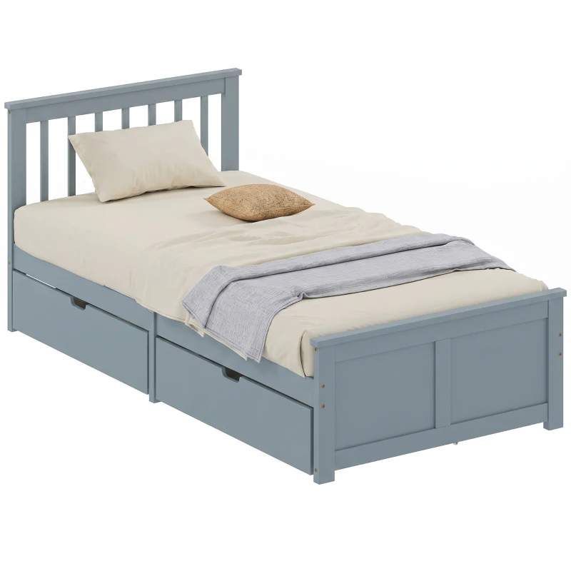 HOMCOM Pine Storage Bed, 3ft Single Solid Wooden Bed Frame with Drawers, Headboard, Wood Slat Support, Grey