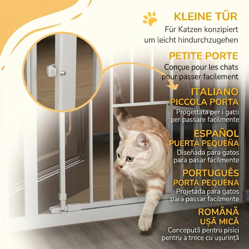 PawHut Poartă Reglabilă Înaltă pentru Câini cu Ușă Mică și Închidere Automată, 74-80x104cm, Alb
