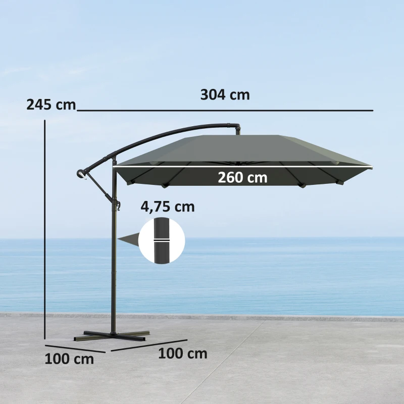 Outsunny Parasol déporté 3 m, parasol de jardin extérieur Inclinable, Base, Manivelle, toile polyester 180 g/m², Gris Foncé