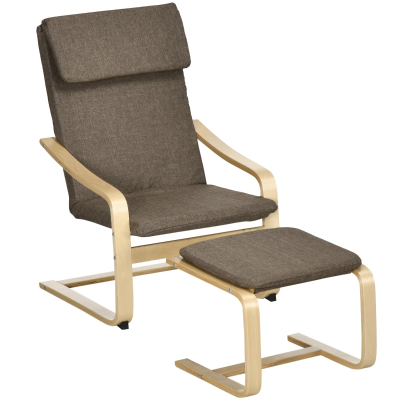 HOMCOM Sessel mit Fußhocker, Sessel-Set, Leinenoptik, Massivholz, Braun + Natur