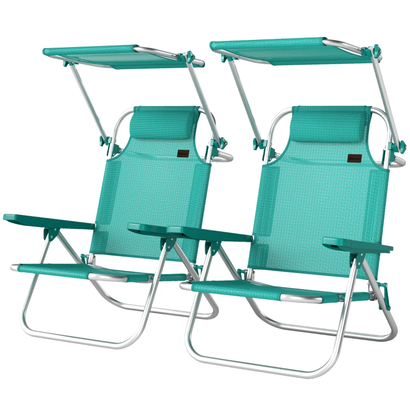 Outsunny Juego de 2 Sillas de Playa Plegables con Dosel Ajustable Respaldo Reclinable en 6 Posiciones Reposacabezas Turquesa