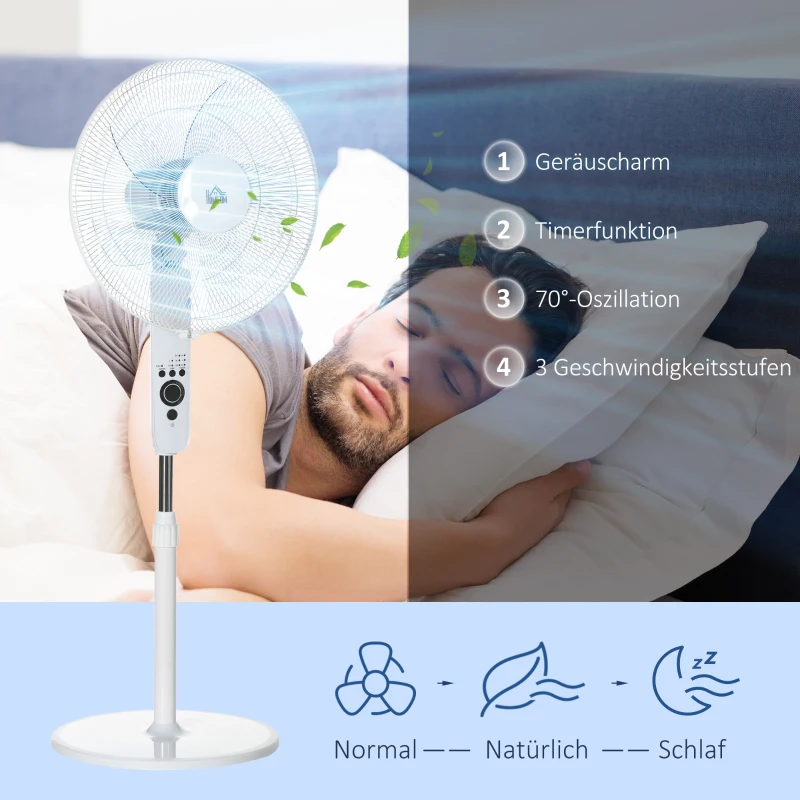 HOMCOM Standventilator Lüfter Fernbedienung Höhenverstellbar 3 Geschwindigkeitsstufen Metall, Weiß, Ø44,5 x H110-124 cm