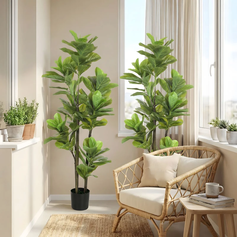 HOMCOM Lot de 2 plantes artificielles intérieures 150 cm, fausse plante à figuier lyre avec pot en ciment, vert