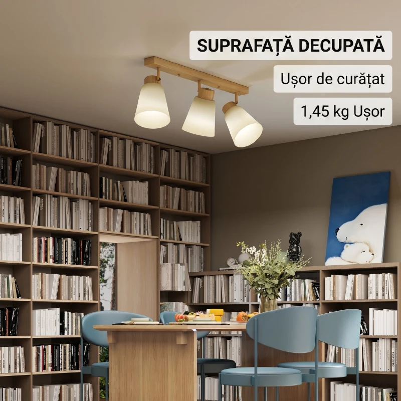 HOMCOM Candelabru de Tavan cu 3 Puncte de Lumină Reglabile la 90° și Dulii E27, Culoare Lemn