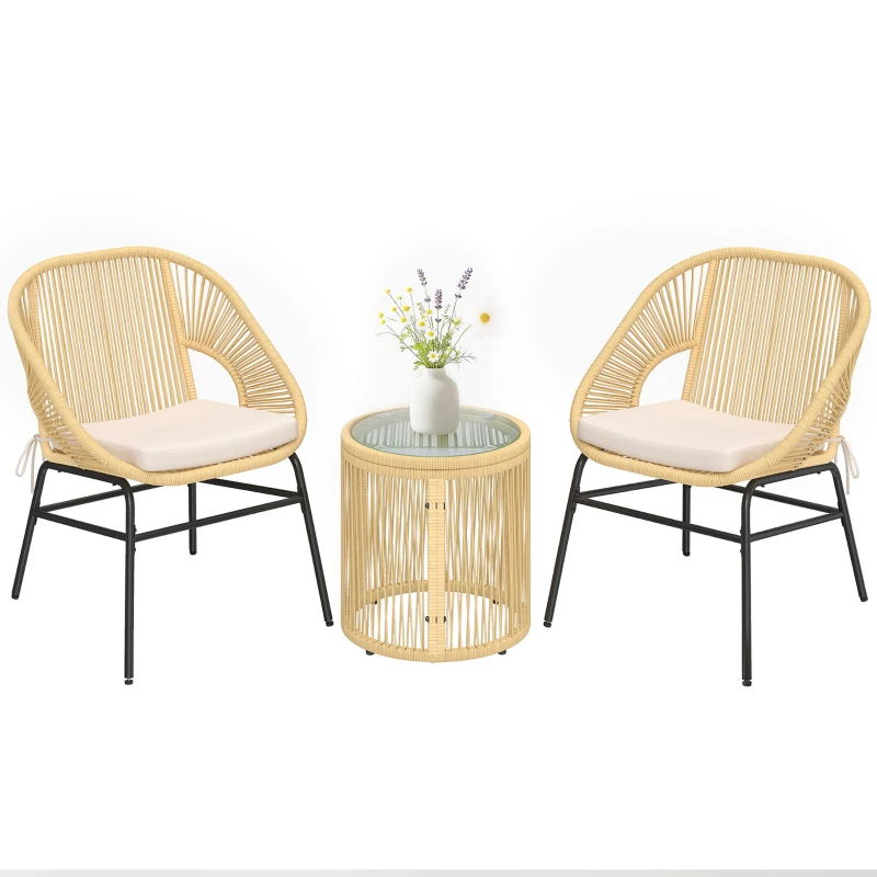 Outsunny Rattan Bistroset 3 teiliges Gartenmöbel-Set mit 2 Gartenstühlen, Glastisch, waschbaren Kissen, Ergonomisch
