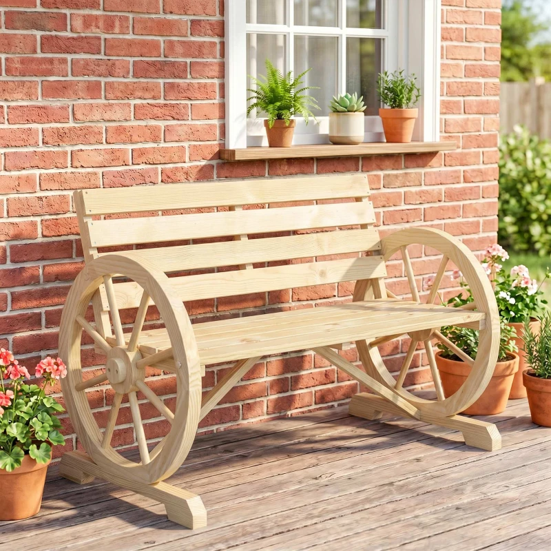 Outsunny Wagon Wheel Chair Bench Armrest Rustic Loveseat Wood Outdoor Garden, Natural