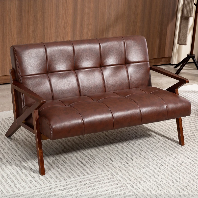 HOMCOM Compact 2 Seater Sofa, Vintage Tufted Loveseat Sofa with Solid Wood Legs, PU Leather Small Couch Settee for Living Room, Bedroom, Home Office, 133 x 81 x 78.5 cm, Brown
