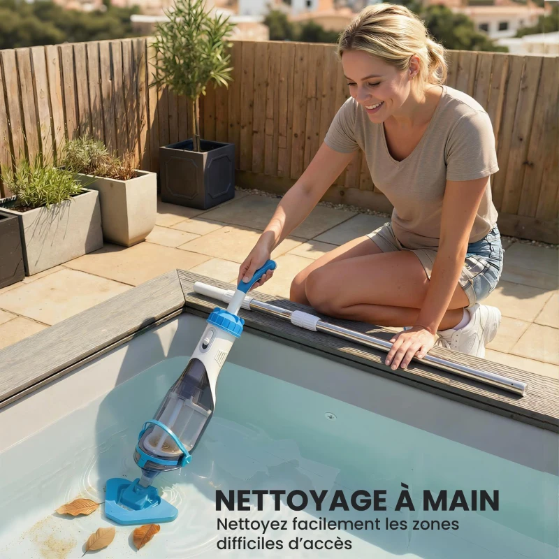 Outsunny Aspirateur de Piscine Sans Fil, Nettoyeur Piscine à Batterie, 60 Minutes d'Autonomie, Manche Télescopique, Bleu