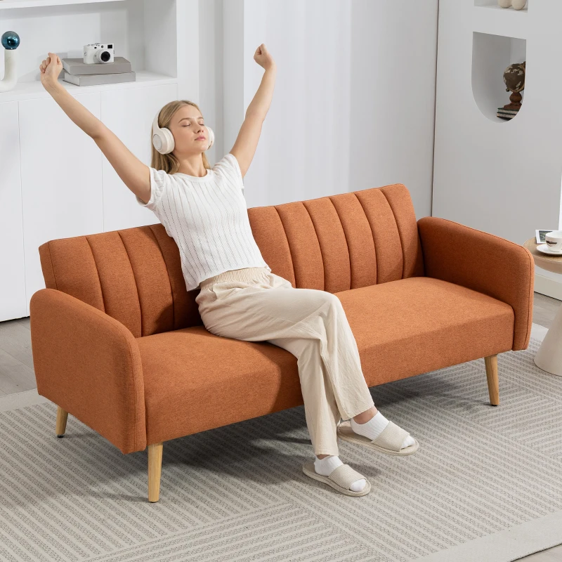 HOMCOM Sofá-cama 2 Lugares design escandinavo Encosto reclinável 3 posições Pés em madeira Tecido aspeto linho castanho
