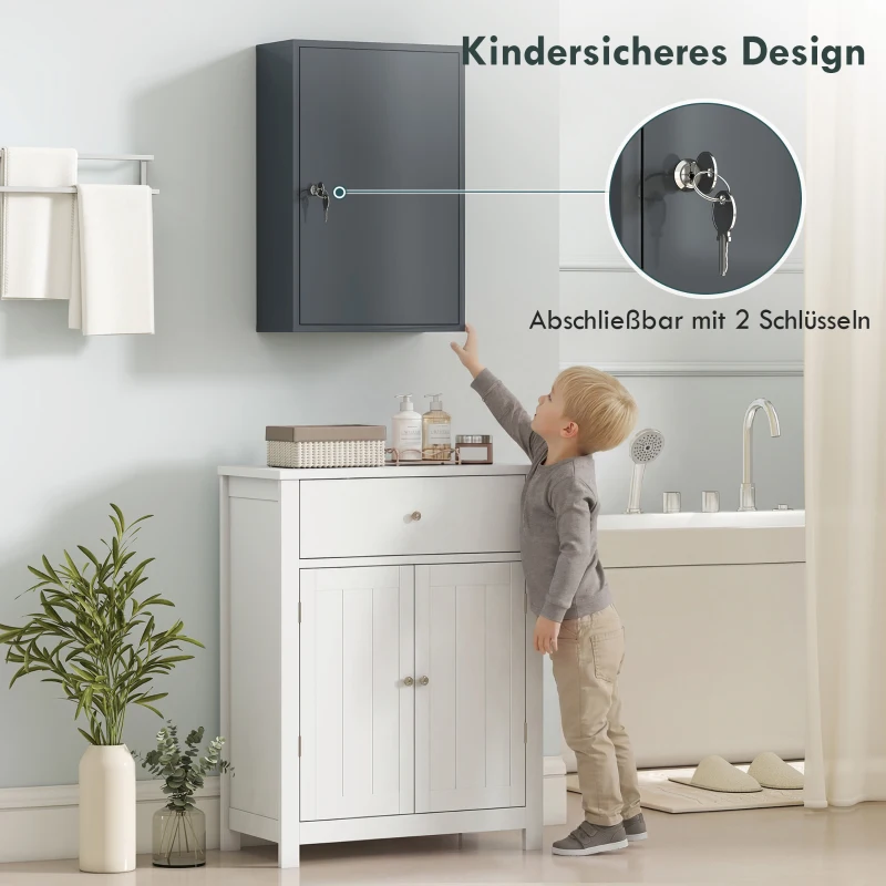kleankin Wand-Medizinschrank, Badezimmerschrank mit 3 Regalböden, 2 Schlüsseln, 40 x 18 x 60 cm, Grau