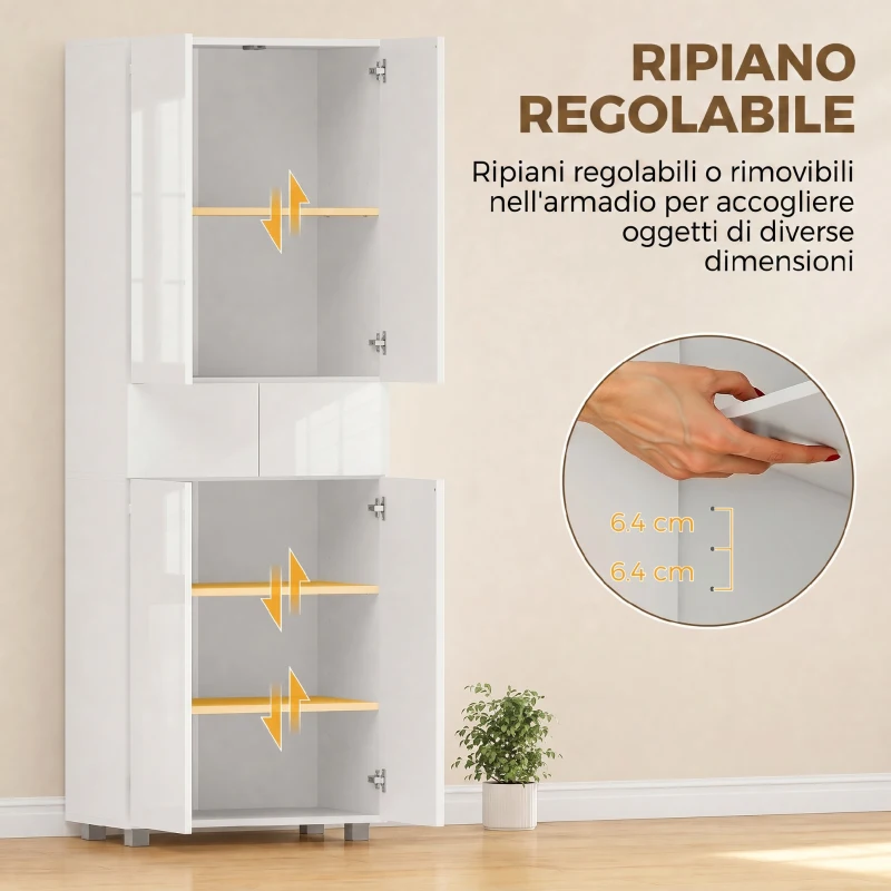 HOMCOM Dispensa Cucina con 4 Ante, 3 Ripiani Regolabili e Mensole a 5 Livelli in MDF e Truciolato, 60x35x170 cm, Bianco