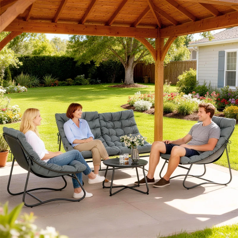 Outsunny 4-Sitzer Gartenmöbel-Set, 2 Stühle, 1 Doppel-Sofa, 1 Tisch, dicke Kissen, Stahlrahmen, für Terrasse, Grau