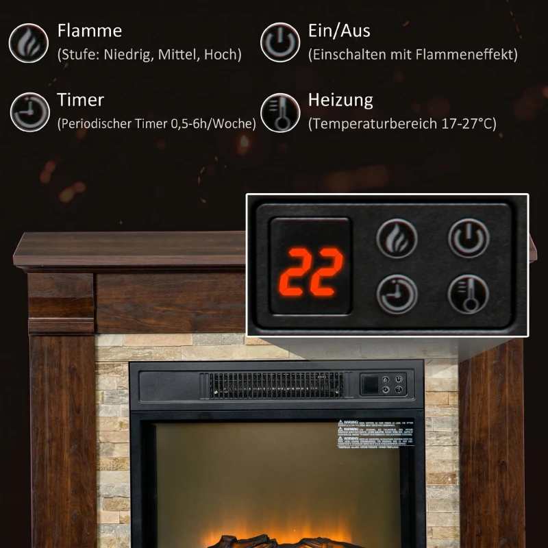 HOMCOM Elektrokamin 1800W elektrischer Kamin mit Heizung, Fernbedienung, Überhitzungsschutz, Dekokamin  Dunkelbraun