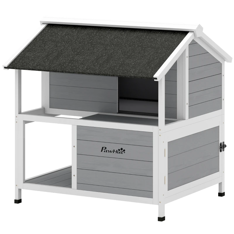 PawHut Casinha para Gatos Externa Refúgio para Gatos ao Ar Livre à Prova D'água Teto Retrátil Madeira de Abeto 80x93x95 cm Cinza