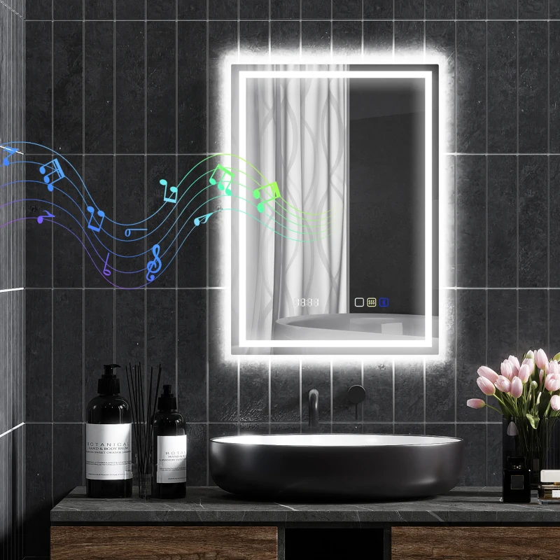 HOMCOM 50 x 70 cm Anti-Fog LED Bathroom Mirror, with Bluetooth and Clock - Silver Tone