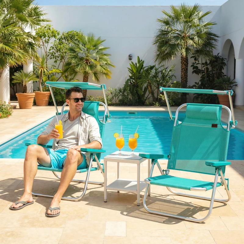 Outsunny Juego de 2 Sillas de Playa Plegables con Dosel Ajustable Respaldo Reclinable en 6 Posiciones Reposacabezas Turquesa