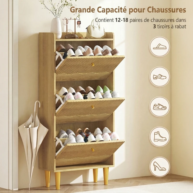HOMCOM Meuble à chaussures 18 paires, armoire à chaussures étroite, 3 tiroirs rabattables étagères réglables, 60x24x128cm, chêne