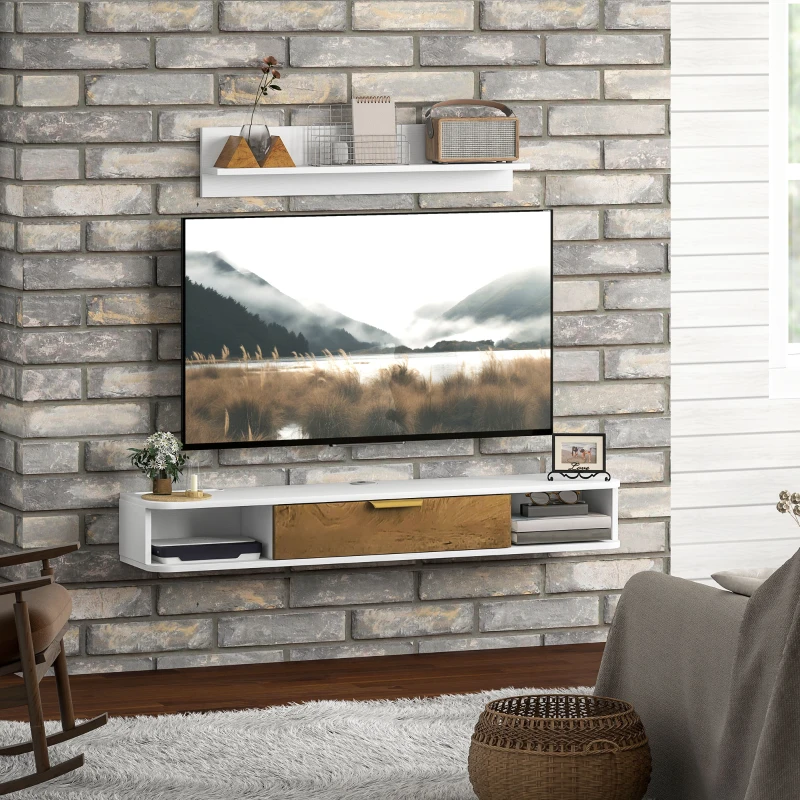 HOMCOM Ensemble meuble TV suspendu avec étagère murale meuble télé bois mural passe-câbles 120 x 24 x 16 cm blanc
