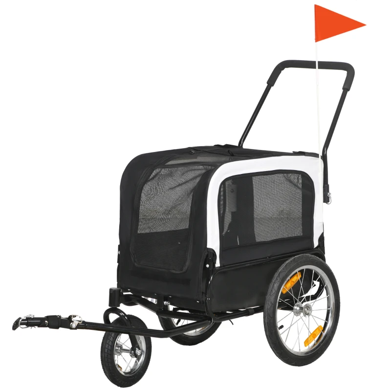 PawHut Reboque bicicleta jogger 2 em 1 para animais de estimação bandeira roda dianteira giratória refletores preto
