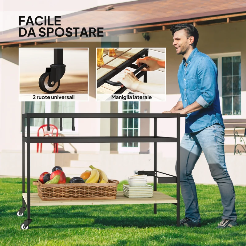 Outsunny Carrello Portavivande da Giardino in Legno a Doghe e Acciaio, Ripiano e Maniglia, 107x65x80 cm