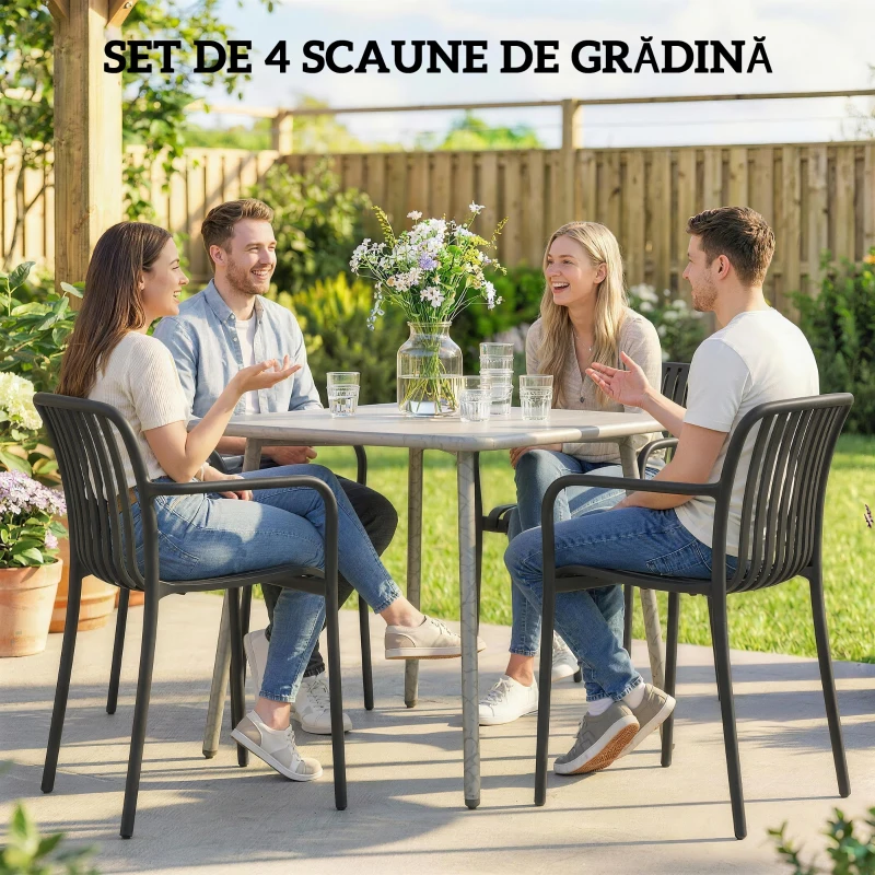 Outsunny Set de 4 Scaune Stivuibile, Scaune de Luat Masa Exterior cu Spătar Curbat, Șezut cu Lamele și Brațe, Negru