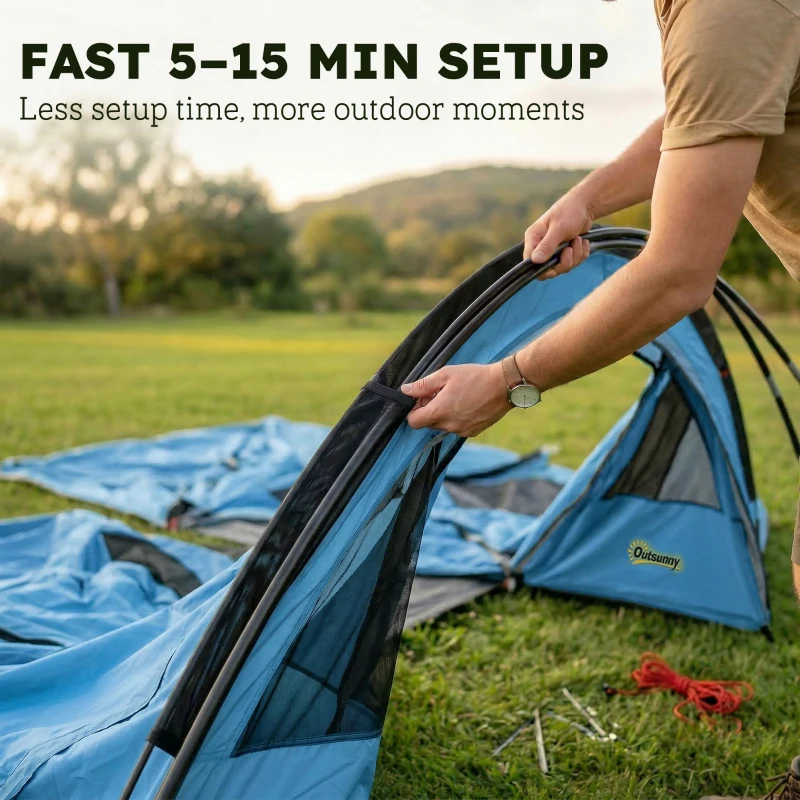Outsunny 4 Person Easy Setup Family Camping Tent with 2 Rooms, Waterproof Tunnel Tent w/ Sewn In Groundsheet, Sky Blue & Grey