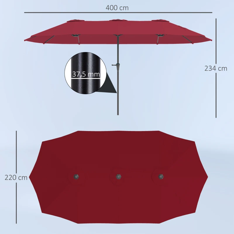 Outsunny Ombrellone Doppio con Prese d'Aria e Manovella, in Metallo e Poliestere, 4x2.2x2.34 m, Nero e Rosso