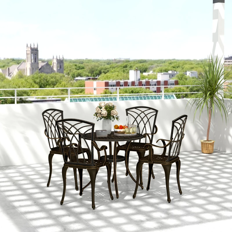 Outsunny 5 Pieces Garden Dining Set for 4, Cast Aluminium Outdoor Dining Set with 4 Armchairs and Round Dining Table with Parasol Hole, Garden Furniture Bistro Set, Bronze Tone