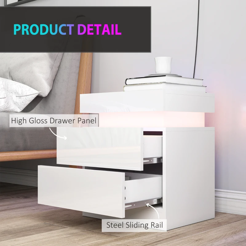 HOMCOM White Bedside Table with LED Light, High Gloss Front Nightstand with 2 Drawers, for Living Room, Bedroom, Set of 2
