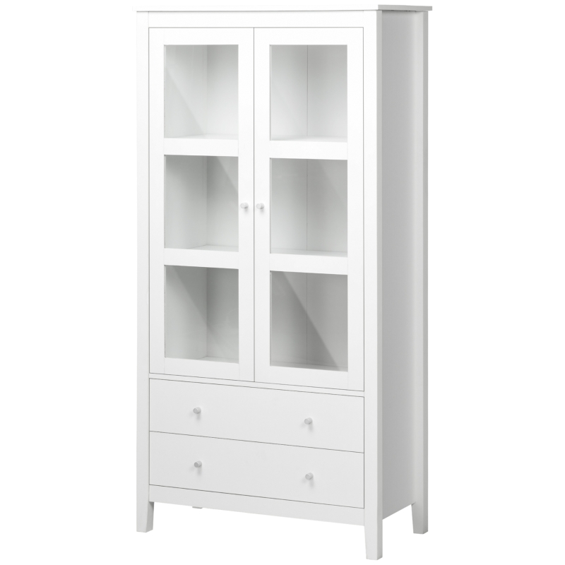 HOMCOM Vitrina de Salón Aparador de Cocina con 2 Puertas de Vidrio 3 Estantes 2 Cajones para Comedor Oficina 80x40x160cm Blanco