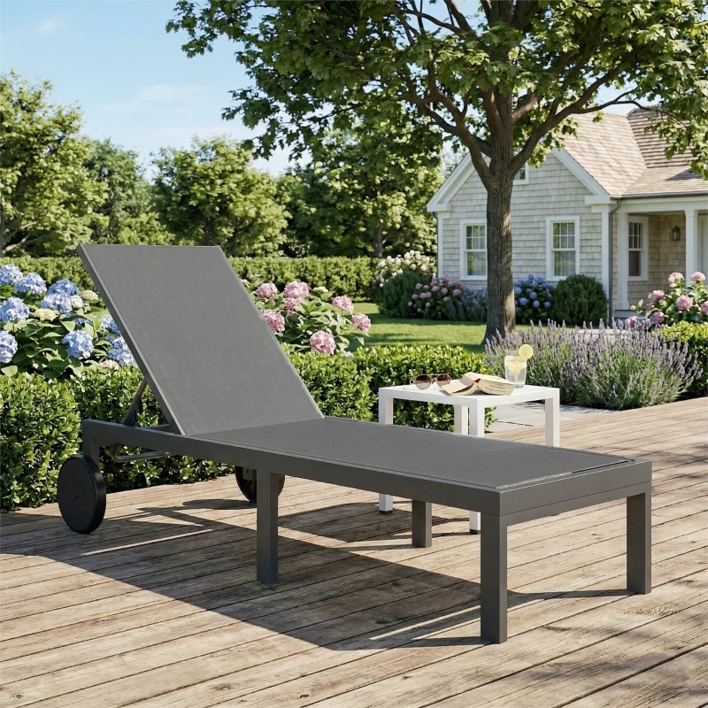 Outsunny Sonnenliege Atmungsaktive Gartenliege mit 6-fach Verstellbar Rückenlehne Rädern Aluminiumrahmen