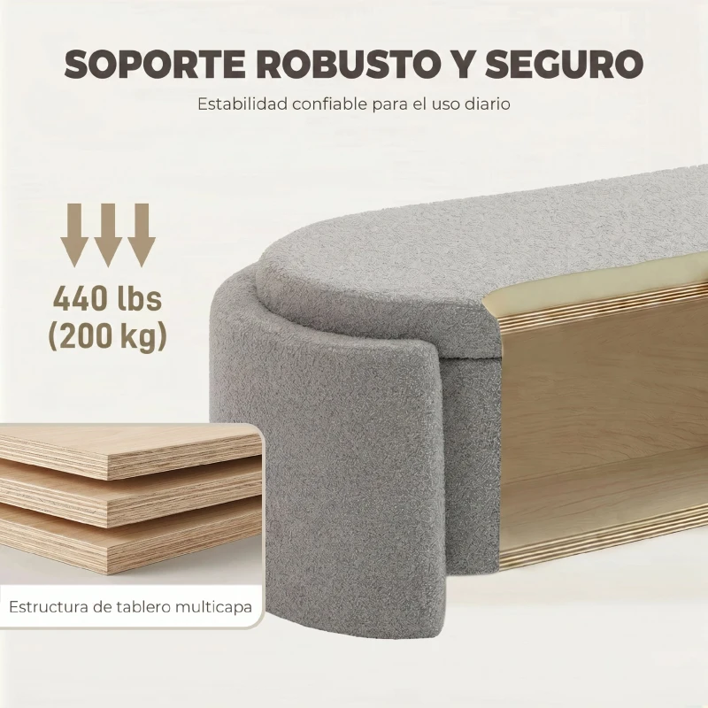 HOMCOM Puff Almacenaje Banco Almacenaje Ovalado 129x48,5x44 cm Tapizado en Terciopelo de Teddy Carga 200 kg Gris Claro