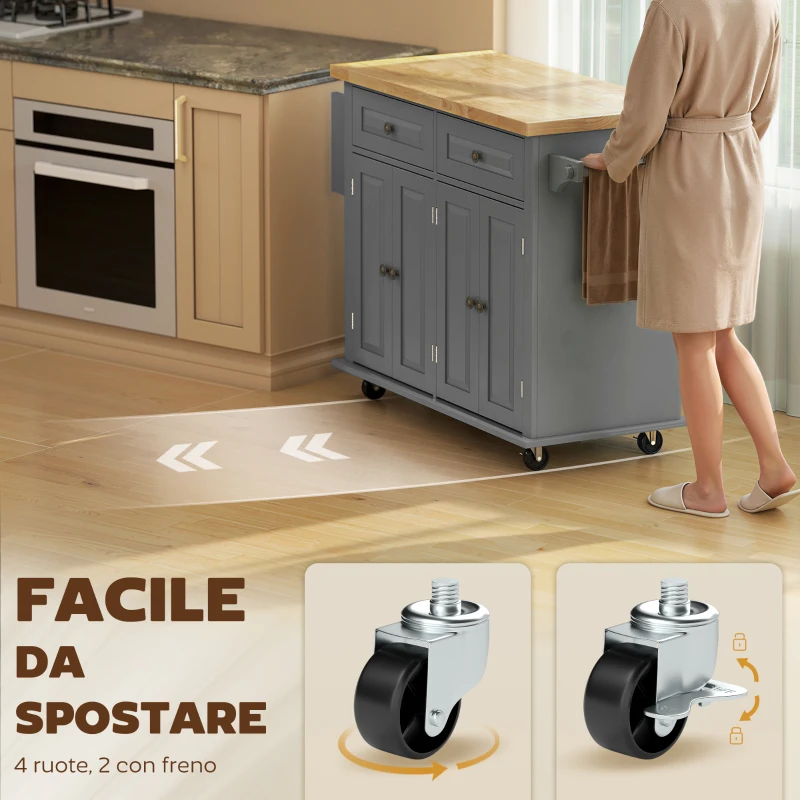 HOMCOM Carrello da Cucina con 2 Cassetti e 2 Armadietti, Piano in Legno, Portaspezie e Porta Canovacci, Grigio