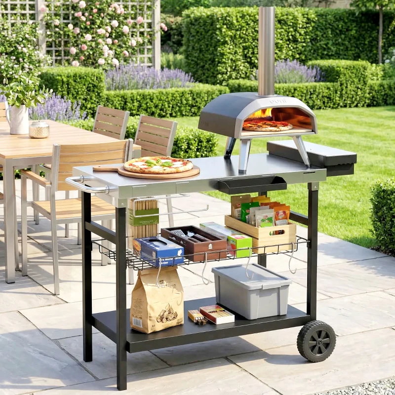 Outsunny Carrello Barbecue da Esterno con Piano in Acciaio Inossidabile, Porta Spezie, Ganci e Maniglia Laterale, Nero