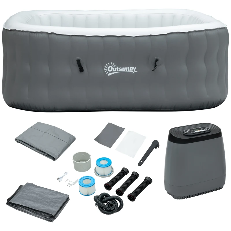 Outsunny Square Inflatable Hot Tub Outdoor Portable Spa Bubble Hottub Pool with Pump, Cover, Filter Cartridges, 4-6 Person, Grey
