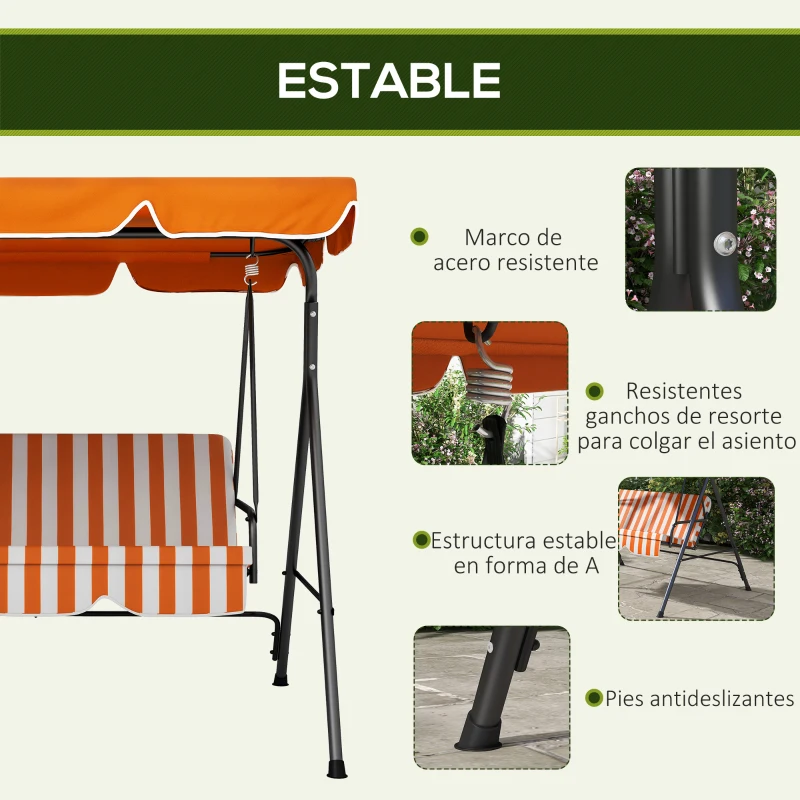 Outsunny Balancín de Jardín Exterior Columpio de 3 Plazas con Toldo Ajustable y Marco de Acero 172x110x153 cm Naranja