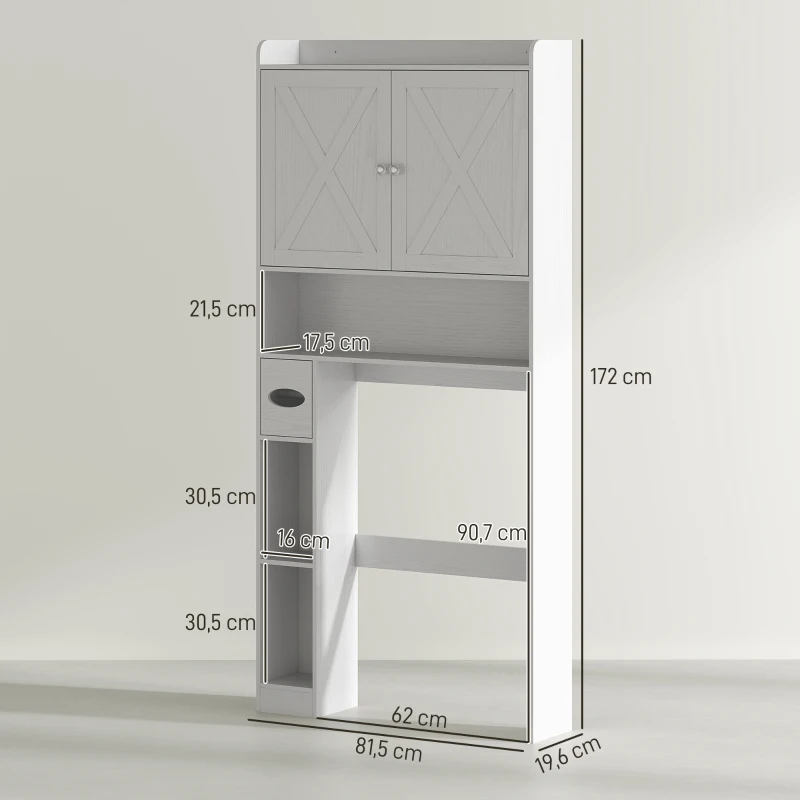HOMCOM Meuble WC dessus de toilette avec placard à porte de grange, étagère réglable, compartiments et porte-papier, blanc