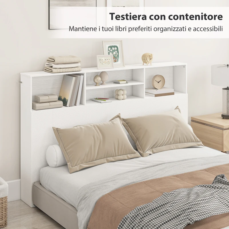 HOMCOM Testiera Letto Autoportante 160 cm con Scomparti, Testiera Letto Matrimoniale con 4 Spazi Aperti, 160x20.2x108.2 cm, Bianco