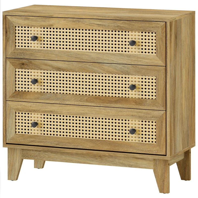 HOMCOM Commode 3 tiroirs meuble de rangement cannage en rotin aspect bois clair 80 x 35 x 76 cm