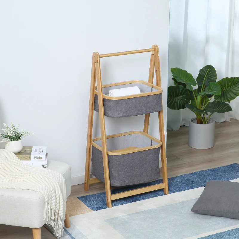 HOMCOM Mobile Bagno Pieghevole in Bambù con 2 Cassetti in Tessuto Poliestere Grigio, 45x35x98cm