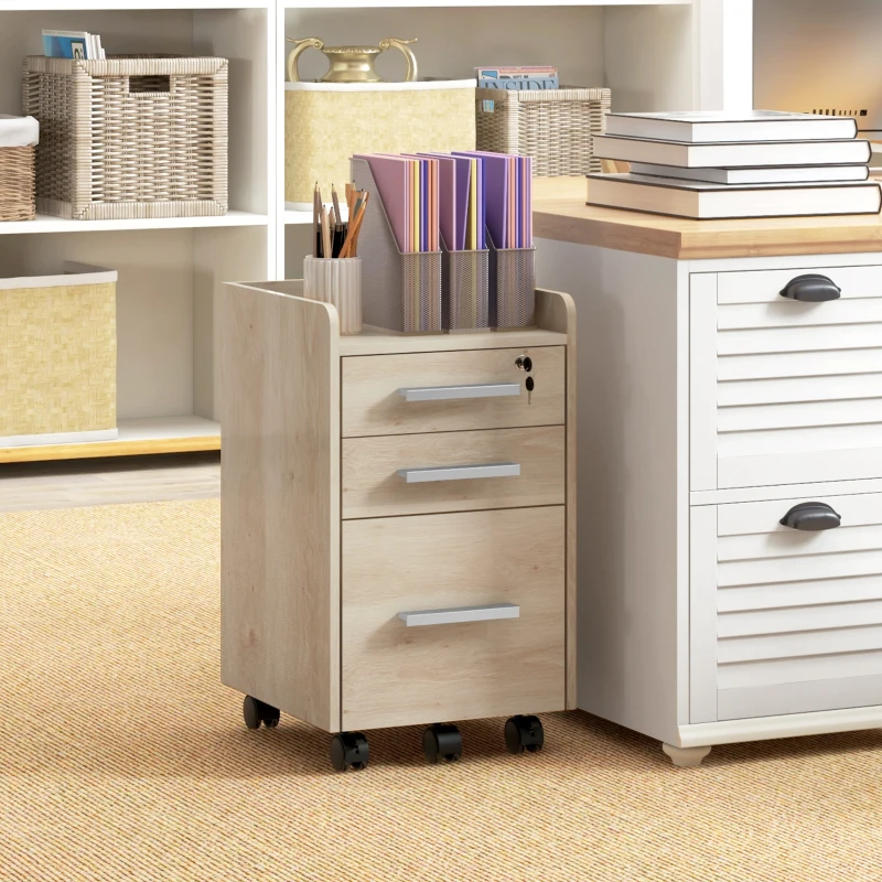 HOMCOM Caisson de bureau rangement bureau sur roulettes 3 tiroirs 1 verrouillable 1 trieur dossiers en bois beige