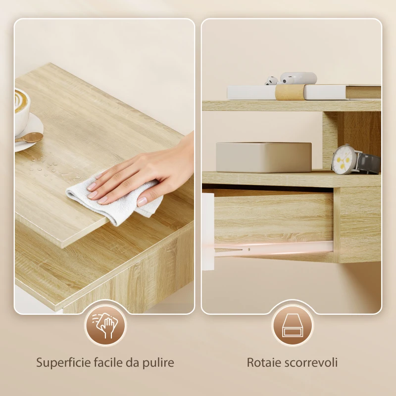 HOMCOM Set da 2 Comodini Sospesi con Cassetto e Ripiano Superiore, in Legno, 35x32x22.5 cm, Bianco e Rovere