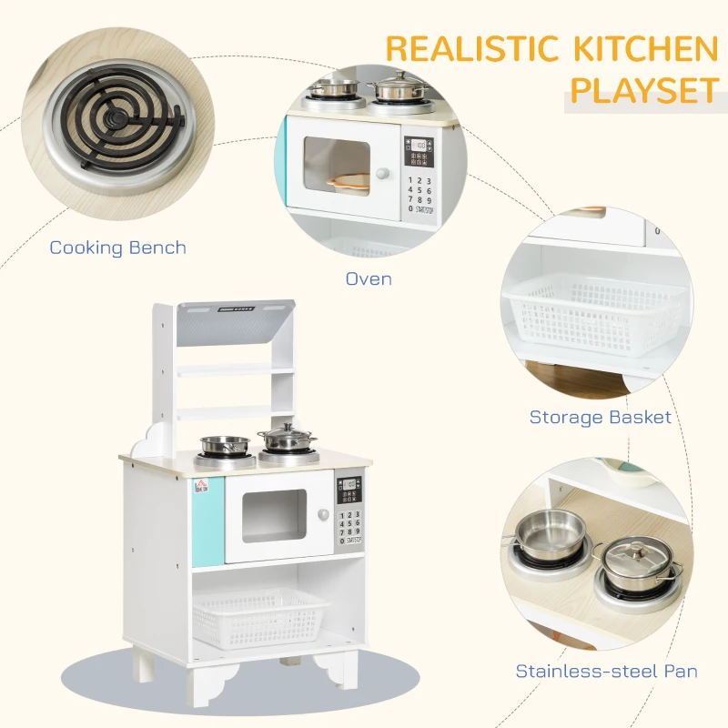HOMCOM Two Kids Wooden Toy Kitchen Play Cooking Set Pretend Role Playset, with Sink Faucet, Cooking Bench, Telephone, Pots, for 3-6 Years