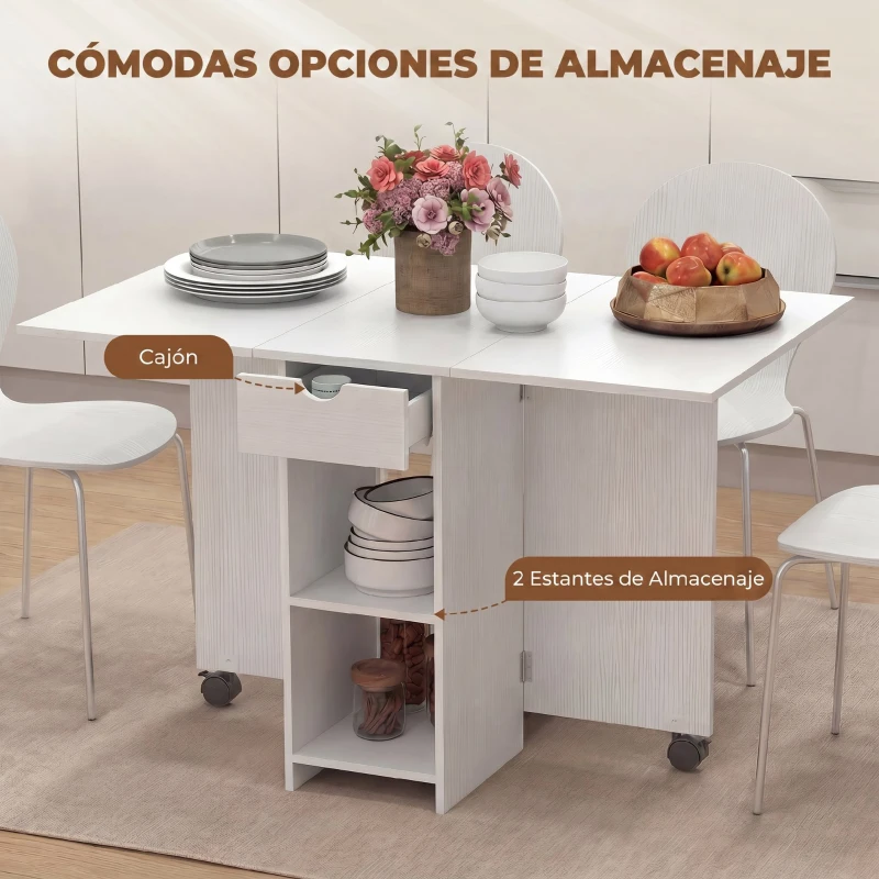 HOMCOM Mesa de Cocina Plegable con Ruedas Alas Abatibles Cajón y Estantes para 2-4 Personas 120x72x75 cm Blanco