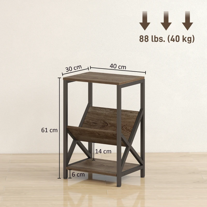 HOMCOM Narrow Side Table, End Table with 3-Tier Storage, V-Shaped Magazine Holder for Living Room, Bedroom, 40 x 30 x 61cm, Oak