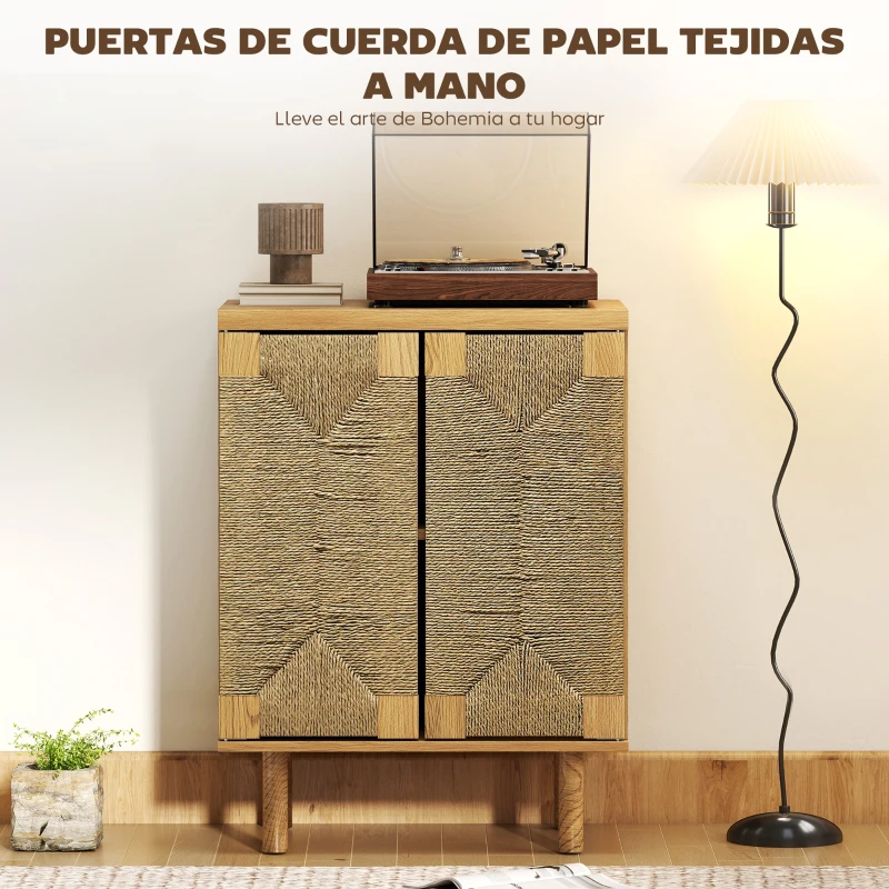 HOMCOM Aparador Bohemio de 2 Puertas con Cuerda Tejida a Mano Estante Ajustable Apertura por Presión Roble 60x40x78 cm
