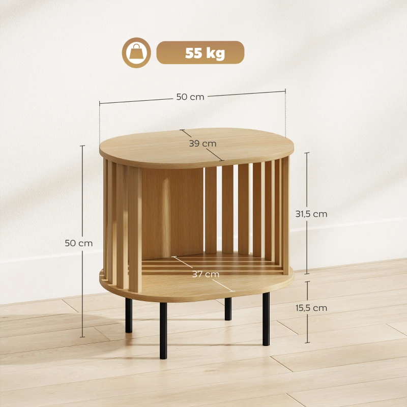 HOMCOM Table d'appoint ovale bout de canapé rangement ouvert pieds en acier design à lattes 50x39x50cm effet bois naturel