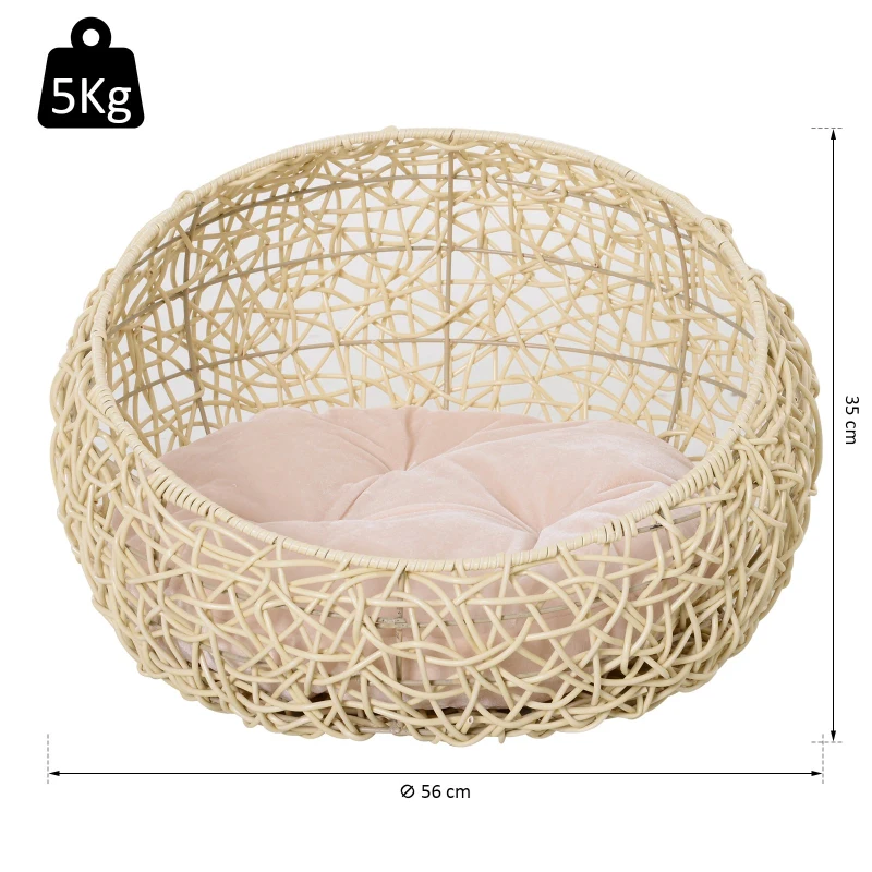 PawHut Cama de Rattan para Gatos Cama/Casa com Almofada Tenda para Animais de Estimação para Gatos e Cães Bege Ø56x35 cm