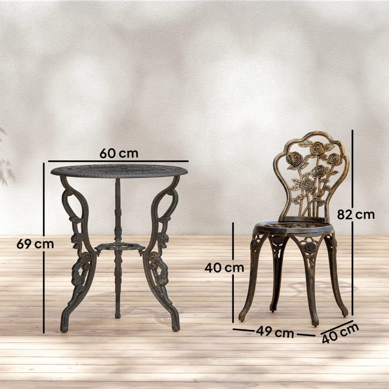 Outsunny Garden Bistro Set with Umbrella Hole, 3 Piece Cast Aluminium Garden Furniture Set, Antique Floral Round Coffee Table and Chairs, Small Balcony Furniture for Outdoor, Patio, Brown Tone